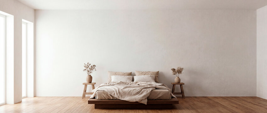 Minimalist bedroom with wooden platform bed nightstands and empty wall copy space