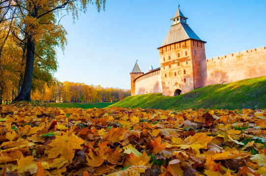 Veliky Novgorod, Russia. Towers of Veliky Novgorod Kremlin and fallen autumn leaves on the foreground in Kremlin park in sunny day. Focus at the towers