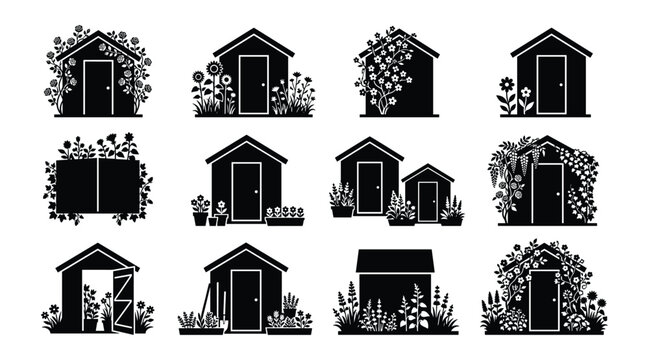 Backyard Garden Shed Silhouette Icon Collection, Isolated Outdoor Storage Cabin and Greenhouse Shrub Vector Elements for Landscaping Design