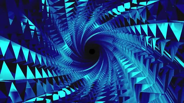 Abstract blue and black swirling tunnel made of triangular shapes.