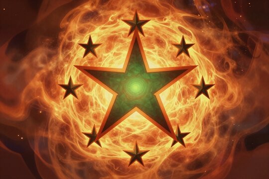 A pentagram on fire with a black background