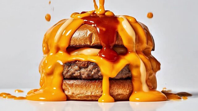 Juicy beef burger with melted cheese and dripping sauce