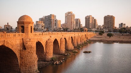 Obraz premium terracotta. Terracotta brick architecture and a stone bridge under warm sunset light. inspiring travel planning, real-estate listings, designed for interior renovation comparisons for interiors.