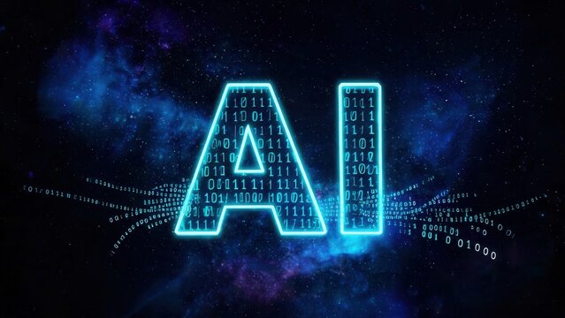 AI neon text in space with binary code