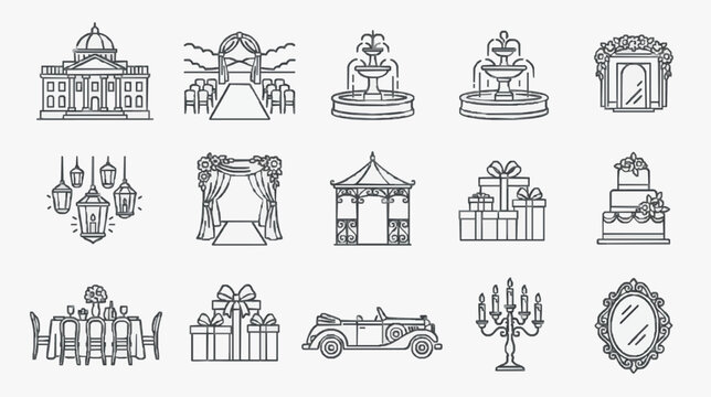 Elegant Black and White Line Drawing Icons Set Featuring Wedding Celebration and Luxury Lifestyle Elements