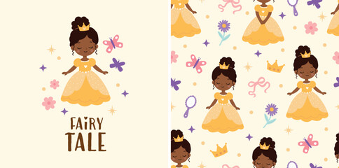 Cute princess illustration with matching seamless pattern. Hand drawn flat vector set for nursery decor, kids fabric, wallpaper, wrapping paper, textile, baby products and children's apparel. © Hanna Bykova