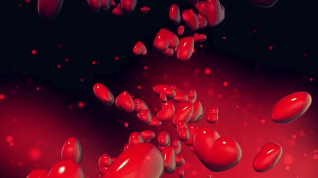 A collection of glossy red heart-shaped objects floating in a deep red background. The hearts vary in size, creating a romantic and warm visual effect, symbolizing love and affection.