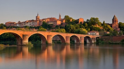 Obraz premium terracotta. Terracotta brick architecture and a stone bridge under warm sunset light. inspiring travel planning, real-estate listings, designed for interior renovation comparisons for interiors.