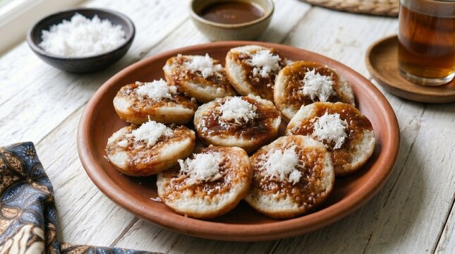Traditional Indonesian sweet kue serabi rice pancakes glazed with rich brown palm sugar syrup and topped with fresh grated coconut on a rustic terracotta clay plate.