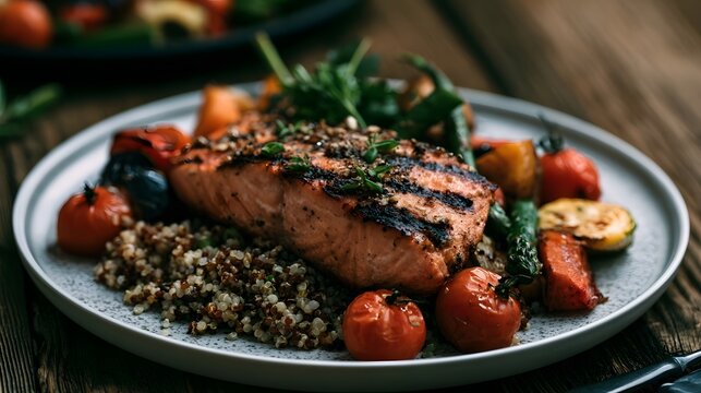 Moody grilled salmon served with quinoa and roasted vegetables on a rustic plate highlighting rich textures and warm colors