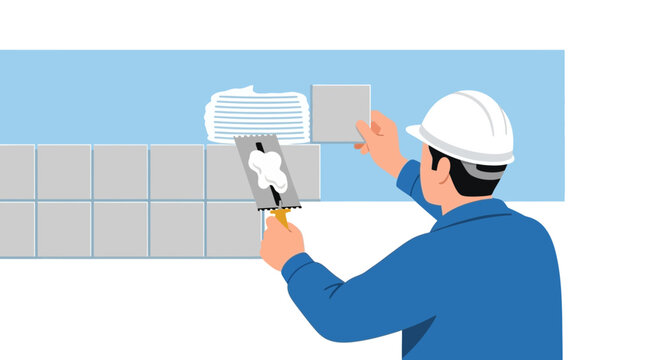 Construction worker tiling wall with adhesive and trowel, home renovation concept