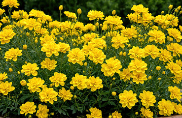 Obraz premium Vibrant Yellow Flowers Blooming in a Lush Garden During a Sunny Day