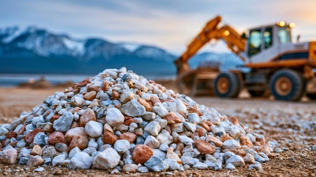 Pile of gravel with excavator working at construction site