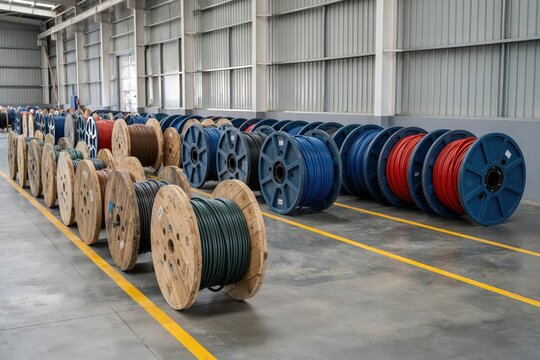 Industrial Cable Reels Stored in a Large Warehouse Facility
