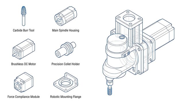 Technical isometric schematic diagram of robotic spindle assembly and component parts for industrial use