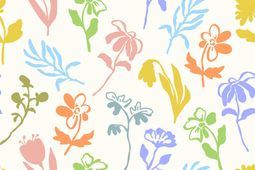 Cute doodle flower seamless pattern. Naive scandinavian style botanical background with colorful plants on ivory backd © Liubov