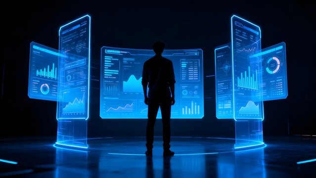 Silhouette of person in front of glowing data screens