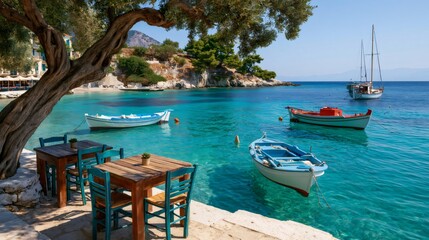 Fototapeta premium Traditional boats mooring in turquoise sea by seaside cafe