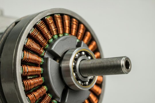 Close-up view of the internal components of an electric motor or generator, showing copper wire windings, stator, rotor, and bearing.