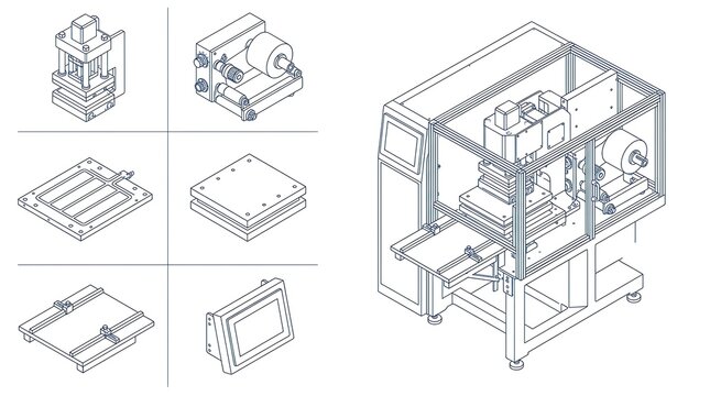 Industrial manufacturing machine components and assembly diagram with detailed isometric technical drawings
