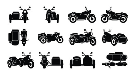 Classic Motorcycle with Sidecar Silhouette Blueprint Bundle, Isolated Vintage Chopper Motorbike Vector Elements with Front Rear Side and Top Views © selena