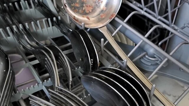 dirty spoons and forks in the dishwasher. Maintenance of stainless steel cutlery. washing dishes in the dishwasher.