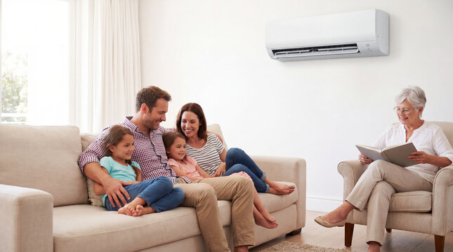 Family sitting on sofa in living room with air conditioner