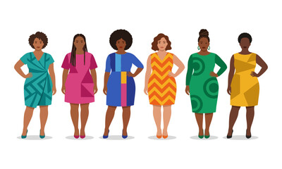 Obraz premium Diverse Plus Size Women in Patterned Fashion Dresses Vector