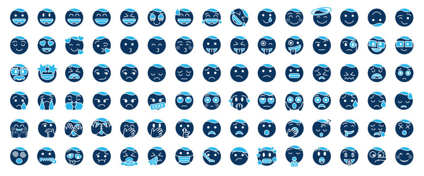 Emoji glyph blue icon set. contain feeling mad, scared, joyful, powerful, peaceful, sad