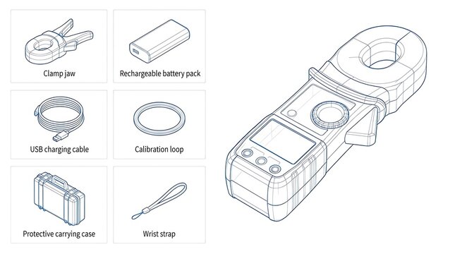 Industrial clamp meter kit components and accessories detailed wireframe technical illustration set