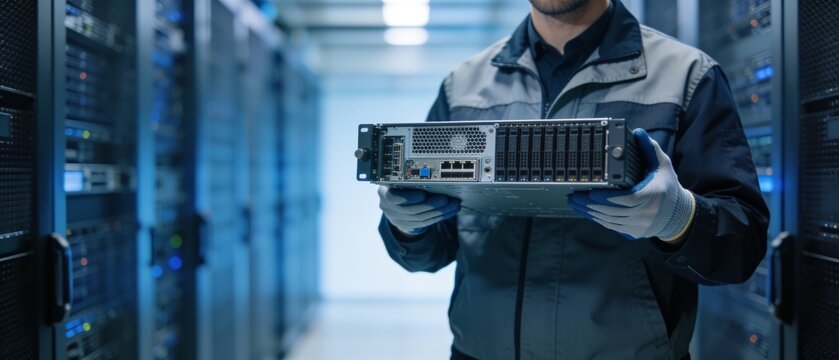IT technician holding a server chassis inside a modern data center room