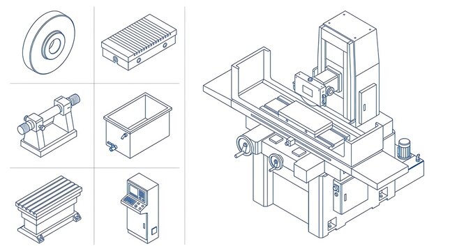 Industrial surface grinding machine and components technical isometric line drawing illustration