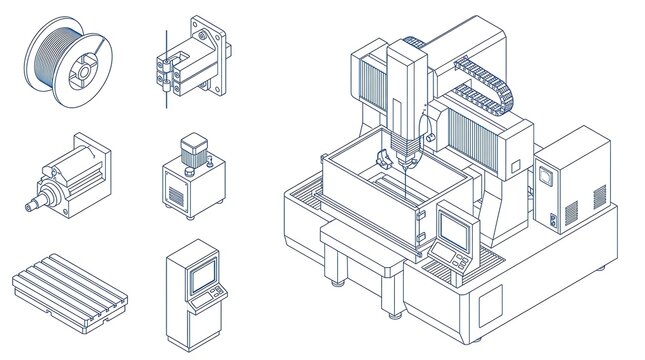 Wire edm machine isometric technical blueprint components and industrial manufacturing cnc system layout