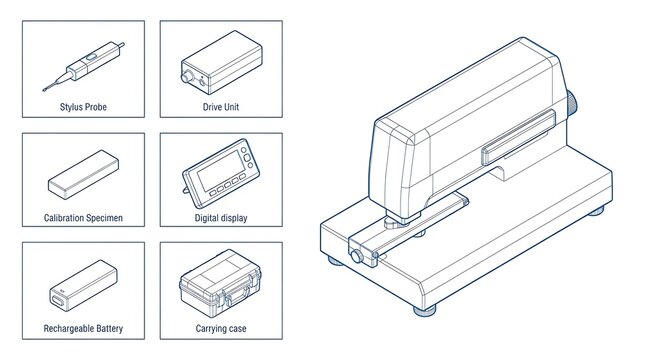 Industrial surface roughness tester components and equipment technical diagram in isometric line art style