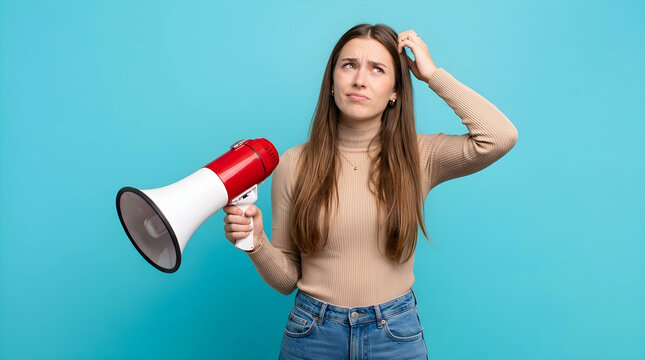 Confused young woman holding a red and white megaphone looking unsure with her hand on her head against a blue background