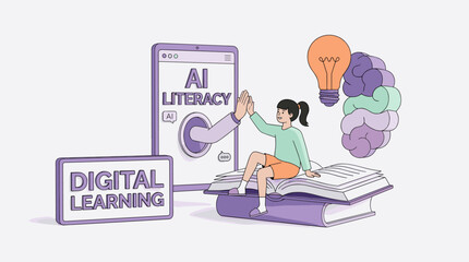 Fototapeta premium AI literacy for kids. Digital learning education. Student girl highfive with robot arm. Online school graphic.. Future of education. Artificial intell