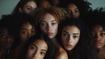 Fototapeta premium Diverse women faces close-up, studio background, unity, beauty