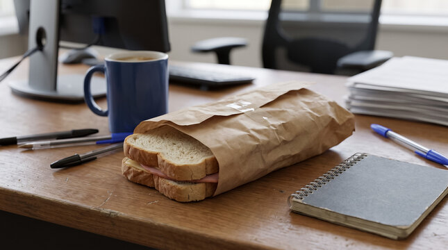 Desktop lunch break with sandwich, coffee, and office supplies representing work balance and meal planning