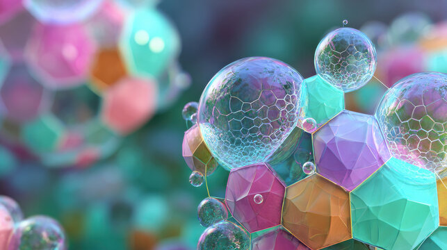 Colorful hyper texture bubbles with geometric shapes create vibrant and intricate pattern in this abstract close up image