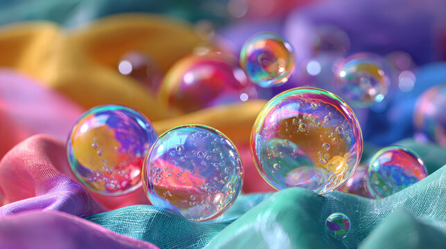 Colorful bubbles with hyper texture float over vibrant fabric creating dreamy and magical atmosphere with soft light