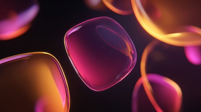 Abstract 3D background with floating transparent glass cubes and glossy liquid bubbles in vibrant pink neon orange purple colors glowing in dark futuristic space for trendy elegant graphic design