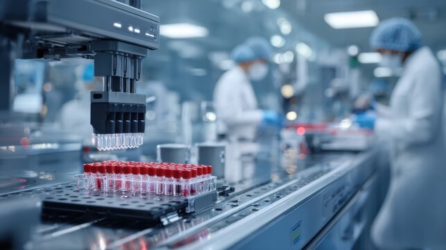 Automated laboratory pipeline with medical test tubes filled with blood samples and robotic pipette machine working while scientists in blue protective scrubs conduct research blurred in background