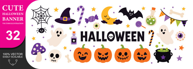 Fototapeta premium Spooky halloween banner with magic potions and glowing skulls for festive party celebration.