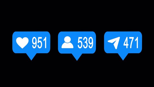 Social media interaction notification counter animation in blue: like, follow, and share icons. Instagram overlay for boosting viral network growth, featuring a transparent background 