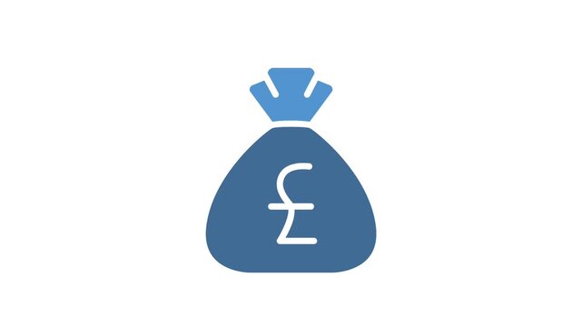 Blue Money Bag with British Pound Symbol on White Background. Blue fabric money sack icon with British pound sterling currency sign animating on an isolated white background element.