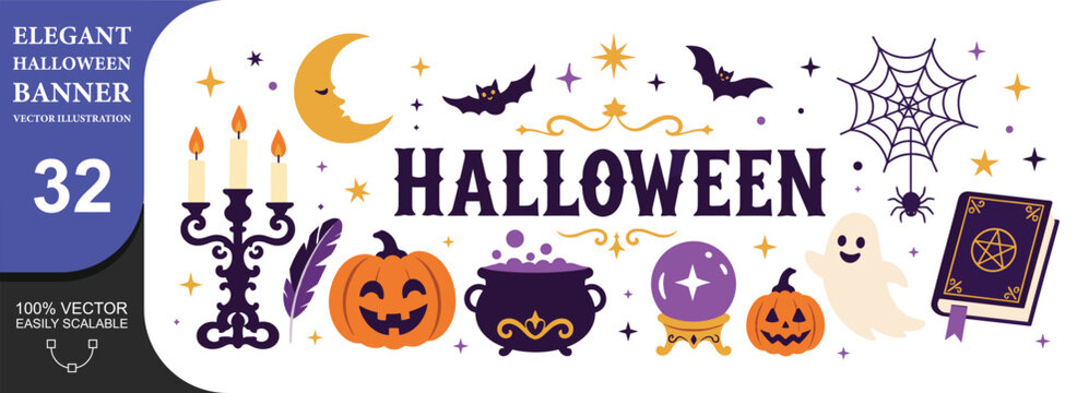 Elegant halloween banner with vintage candelabra and magic crystal ball in gothic style.