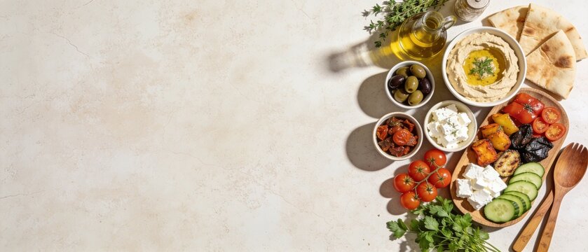 Mediterranean mezze platter with hummus, pita bread, olives, feta cheese, and fresh vegetables on light background with copy space