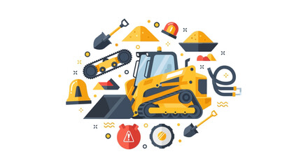 Fototapeta premium Yellow Skid Steer Loader Flat Vector Illustration with Construction Site Icons and Safety Equipment