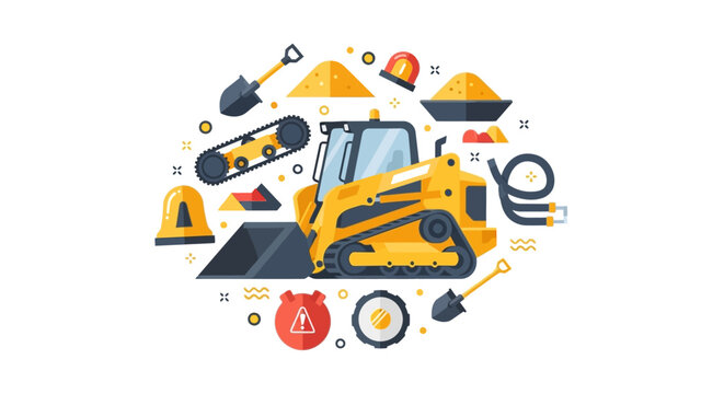 Yellow Skid Steer Loader Flat Vector Illustration with Construction Site Icons and Safety Equipment