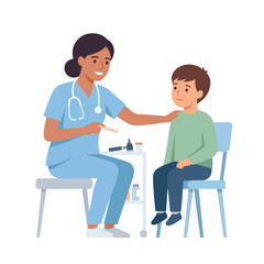 Obraz premium A friendly female doctor in blue scrubs smiles while preparing to examine a young boy seated on a chair during a routine medical checkup.